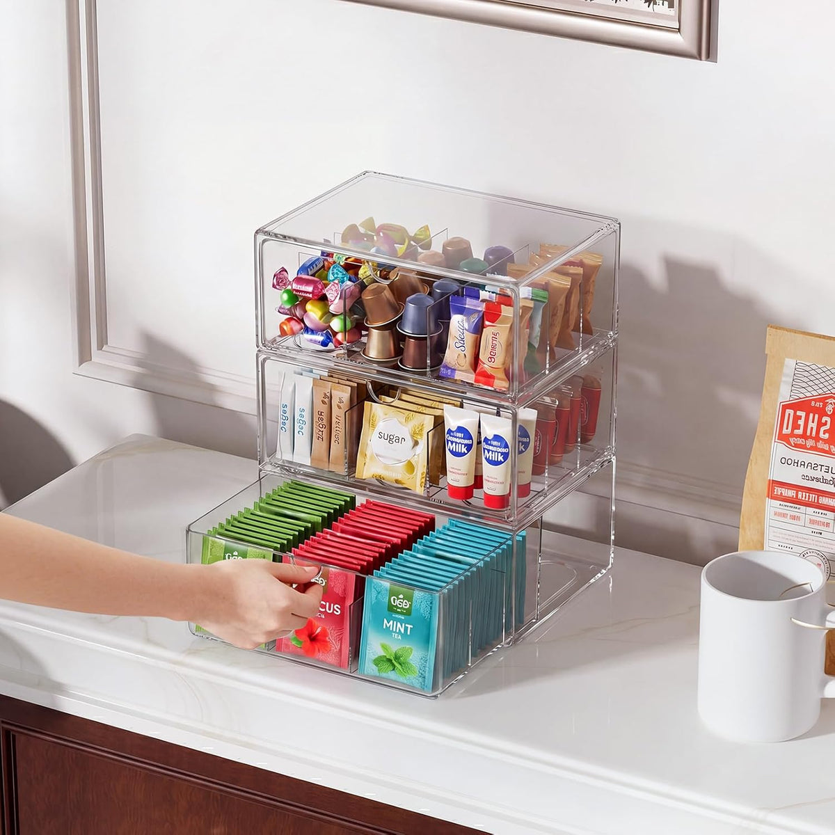2 Pack Clear Tea Bag Organizer, Stackable Drawer Organizer with Dividers for Pantry Bathroom Vanity Kitchen - Cabinet Countertop Shelf Plastic Storage Bins for Coffee/Makeup/Cosmetic/Crafts/Jewelry