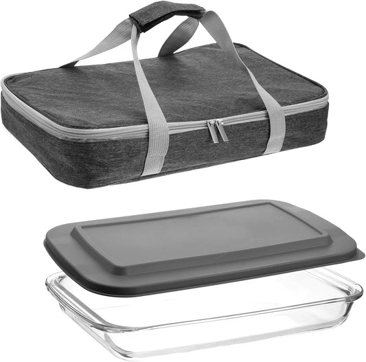 Glass Baking Dish with Lid 9 x 15 Inch Glass Casserole Dish with Carrier Insulated Casserole Bag for Oven Potluck Party Picnic Cookouts