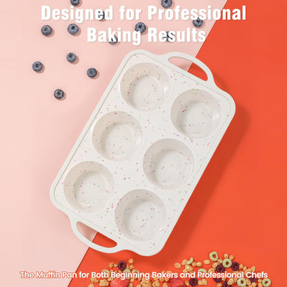 Silicone Muffin Pans With Metal Reinforced Frame - 24 Cups Durable Silicone Baking Pan for Muffins, Cupcakes, BPA Free and Dishwasher Safe - Beige with Rainbow Spots, Set of 2