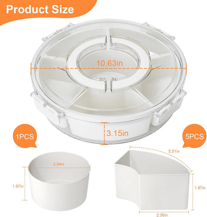 Snackle Box Container, 360° Rotating Divided Serving Tray with Lid and Handle, Portable Snackle Box Veggie Tray, Round Snack Box Container, Large Snacklebox Fruit Candy Organizer for Party Picnic