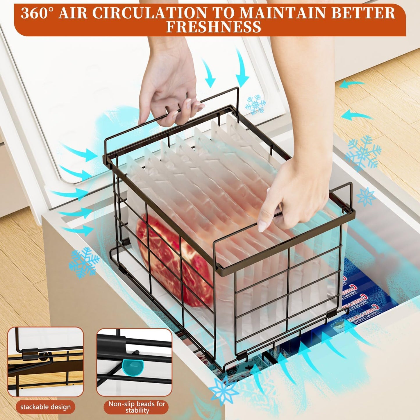 Freezer Organizer Bins, Upgrade Quick Expand/Collapse Feature, for 3.5 Cu.Ft Deep Freezer, 3 Pack Stackable Deep Freezer Organizer Bins, Black Wire Foldable Baskets with Handles (Black 3 Pack)