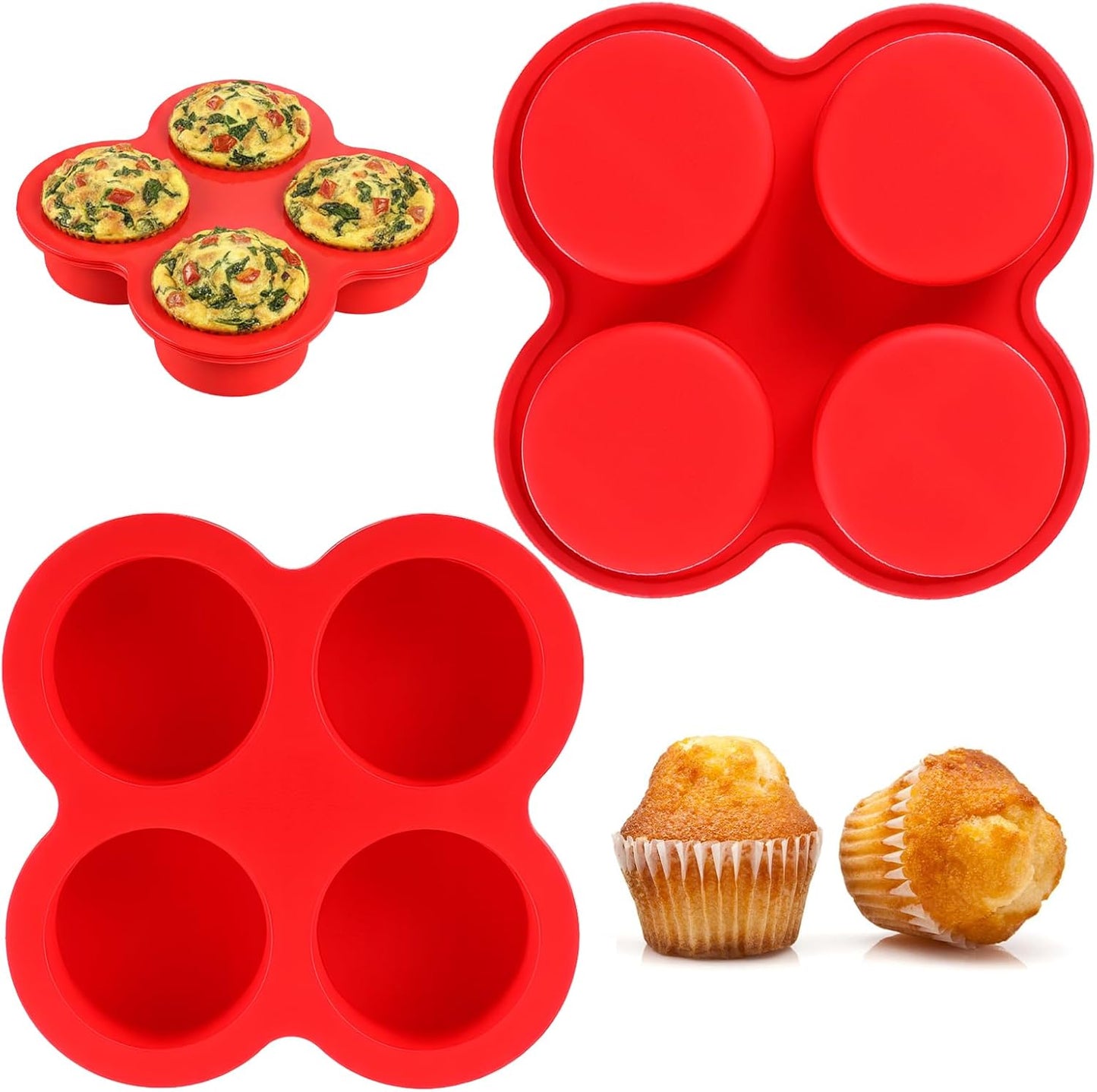 2 Pack Air Fryer Egg Bite Molds 4-Cups Silicone Egg Bite Molds Food Grade Round Muffin Pan Non-Stick Eggs Baking Pan for Baking Mini Muffins Eggs Bites Tart Mini Cupcake Quiche(Red)