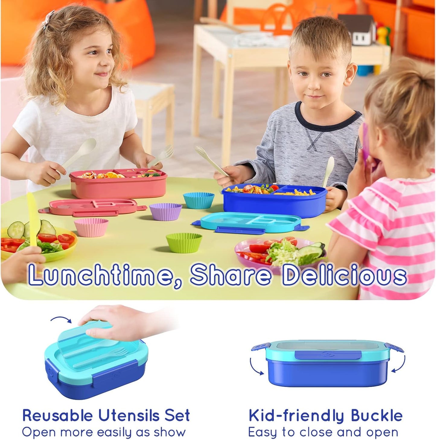Lunch Box Kid Adult Bento Box, 4-Compartment Food Lunch Containers with Fork & Spoon, BPA Free, Leak-Proof Bento-Style Lunch Box for Work School, Microwave & Dishwasher Safe (Candy)