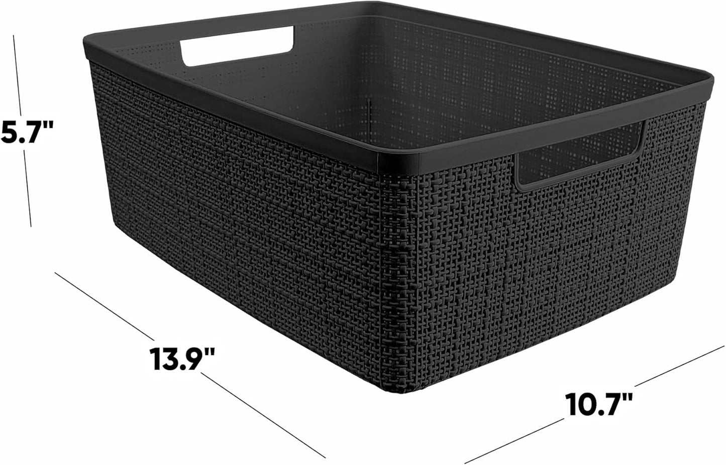 Curver Set of 4 Large 18L Easy Access Jute Decorative Plastic Organization and Storage Baskets - Perfect Bins for Home Office, Closet Shelves, Kitchen Pantry and All Bedroom Essentials, Black