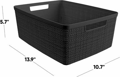 Curver Set of 4 Large 18L Easy Access Jute Decorative Plastic Organization and Storage Baskets - Perfect Bins for Home Office, Closet Shelves, Kitchen Pantry and All Bedroom Essentials, Black