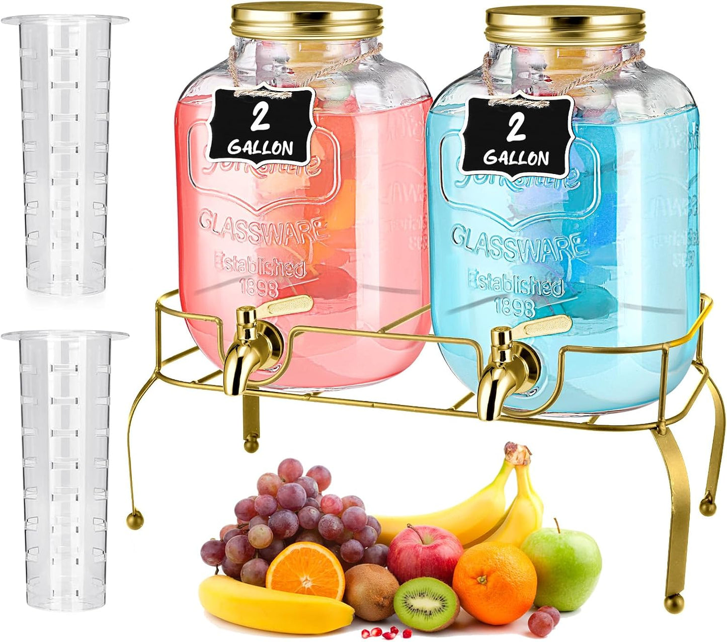 Lallisa 2 Pcs 2 Gallon Glass Drink Dispenser with Stand Ice Cylinder Hanging Chalkboard Signs 18/8 Stainless Steel Spigot Beverage Dispensers for Parties Mason Jar Drink Lemonade (Rose Gold)