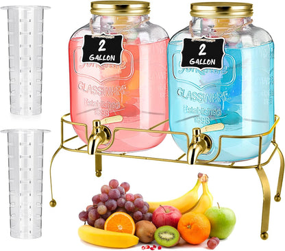 Lallisa 2 Pcs 2 Gallon Glass Drink Dispenser with Stand Ice Cylinder Hanging Chalkboard Signs 18/8 Stainless Steel Spigot Beverage Dispensers for Parties Mason Jar Drink Lemonade (Rose Gold)