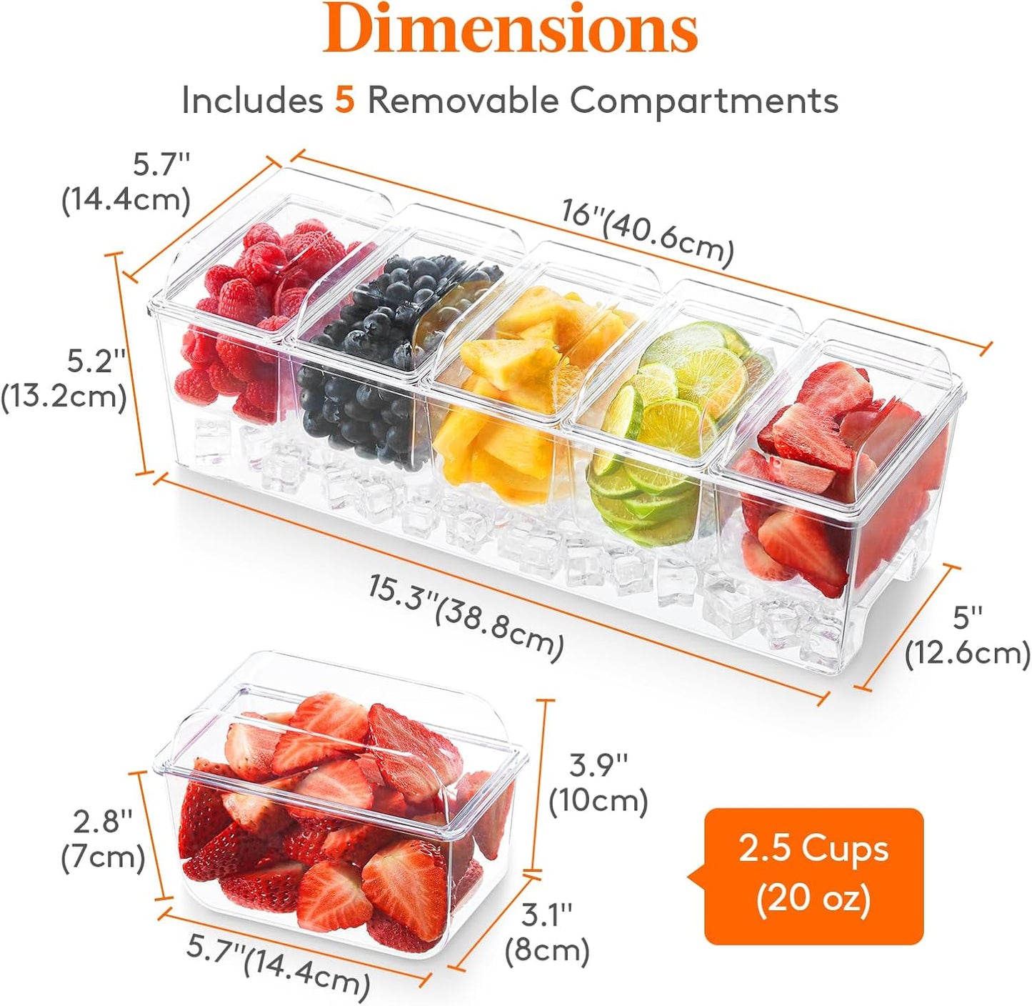 Lifewit 2 Pcs Ice Chilled Condiment Caddy with 5x20 oz Containers, Condiment Server with Separate Lid, Serving Tray Platter with Removable Dishes for Bar Fruit Salad Taco Party Garnish, 39 x13cm/15x5