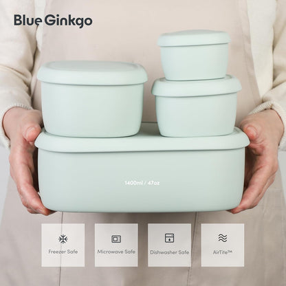 BLUE GINKGO Nesting Silicone Containers - Set of 3 Hard-Shell Silicone Food Storage Containers | BPA Free, Airtight, Dishwasher and Freezer Safe (6.7oz, 10oz, 20oz) - Green