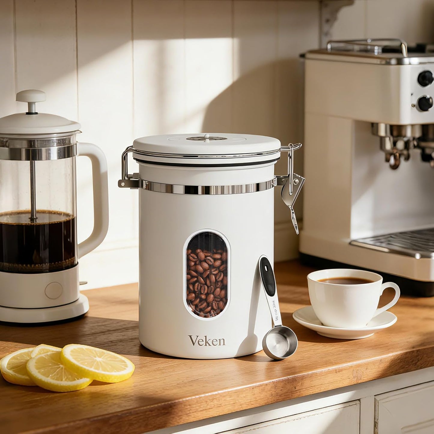 Veken Coffee Canister with Window, Family Choice Awards Winner, Airtight Stainless Steel Home Kitchen Food Storage Container with Lids for Grounds, Beans, Tea, Flour,Cereal,Sugar Jars,Scoop,16OZ,Black