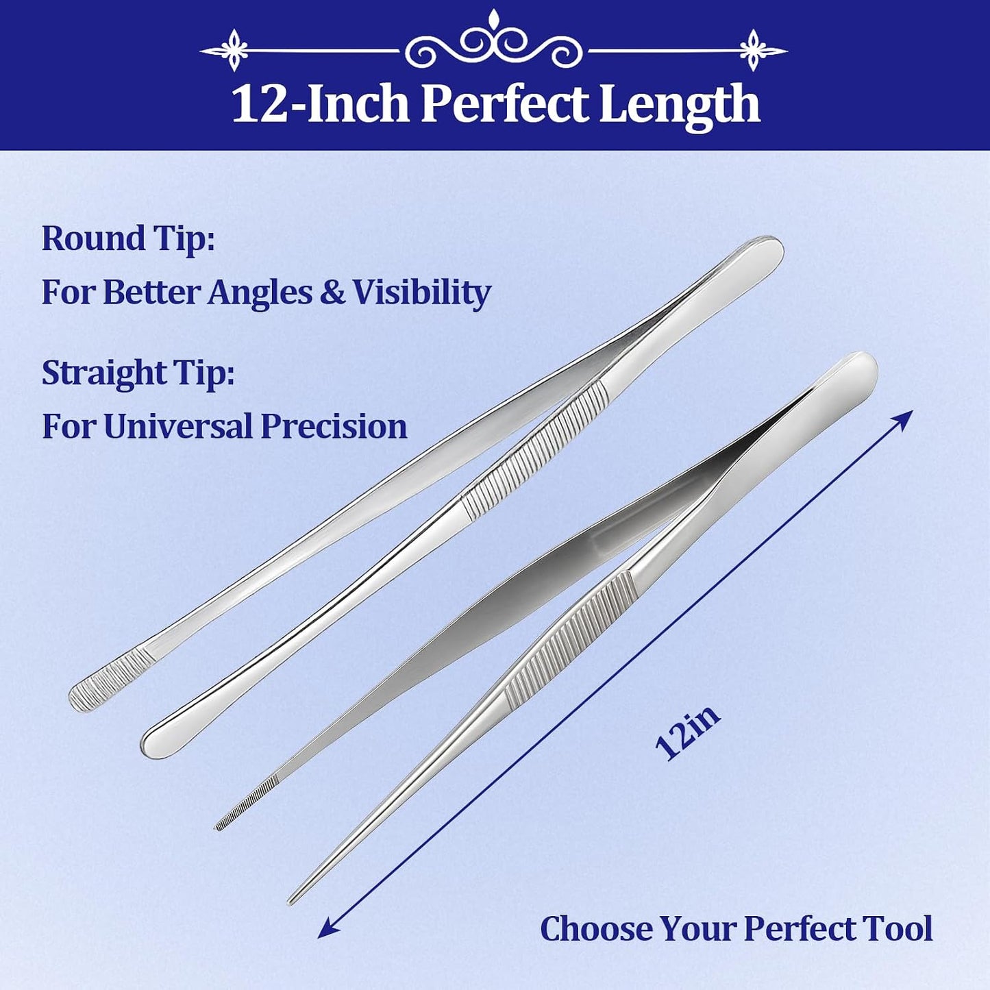 12-inch Stainless Steel Cooking Tongs & Tweezers, Non-Slip Grip & Serrated Tips for Grilling, Baking, Garnishing, BBQ, Kitchen & Craft Use (Round Tip)