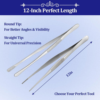 12-inch Stainless Steel Cooking Tongs & Tweezers, Non-Slip Grip & Serrated Tips for Grilling, Baking, Garnishing, BBQ, Kitchen & Craft Use (Round Tip)