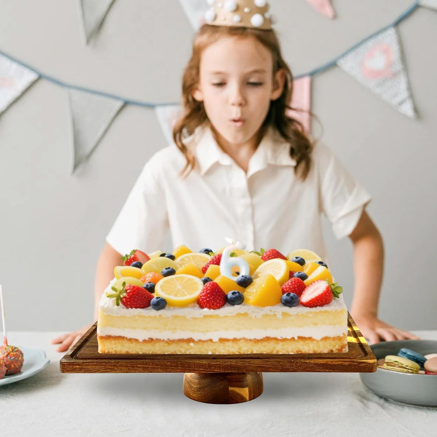 Acacia-Wood-Cake-Stand With Acrylic Lid, Rectangular Cake Plates Charcuterie Board With Cover, 2-in-1 Cake Holder With Dome，Dessert Table Display Stand For Cheese, Chips & Dips, Nachos, Fruit Platter
