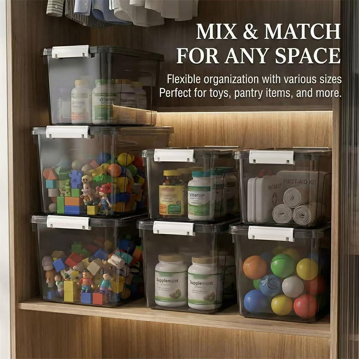 Plastic Storage Bins with Lids, 2 Pack Mixed Sizes (7 Qt, 16 Qt) Clear Black with Lid Stackable Organizer Boxes with Latches for Closet, Pantry, Bathroom, Office