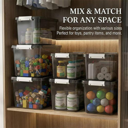 Plastic Storage Bins with Lids, 2 Pack Mixed Sizes (7 Qt, 16 Qt) Clear Black with Lid Stackable Organizer Boxes with Latches for Closet, Pantry, Bathroom, Office