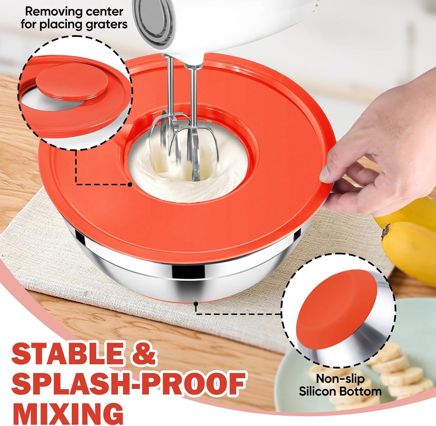 E-far 25PCS Mixing Bowls with Lid Set, Stainless Steel Nesting Prep Bowls with Grater Attachments Non-Slip Bottoms for Cooking, Serving, Food Storage, 4.6/2.6/2/1.5/1/0.7QT - Khaki