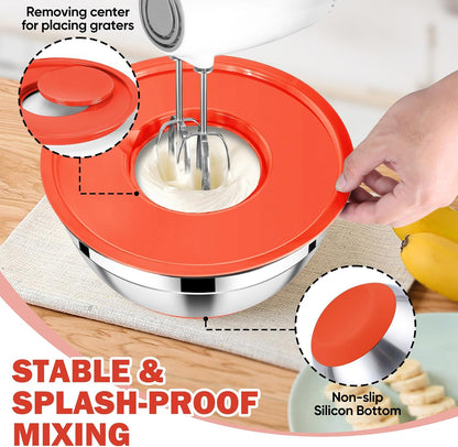 E-far 25PCS Mixing Bowls with Lid Set, Stainless Steel Nesting Prep Bowls with Grater Attachments Non-Slip Bottoms for Cooking, Serving, Food Storage, 4.6/2.6/2/1.5/1/0.7QT - Khaki
