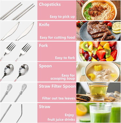 JEPELUS Pink Travel Utensils Set with Case, 10 Pieces Camping Cutlery Set Portable Reusable Flatware Silverware for Lunch Box, Stainless Steel Spoon Fork Chopsticks Knife Straws Sets, Dishwasher Safe