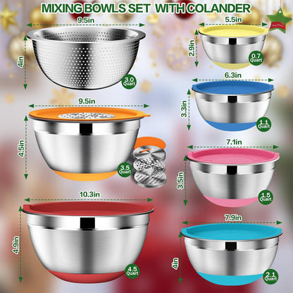DUTZUN Mixing Bowls with Lids Set - 16pcs Stainless Steel Mixing Bowl Set with Colander, 3 Grater Attachments, Non-Slip Bottom, Metal Nesting Bowls with Strainer for Mixing & Serving - Black