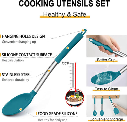 E-far Silicone Cooking Utensils Set, 7 Pcs Heat Resistant Kitchen Utensils with Stainless Steel Handle, Slotted Turner, Spoon, Soup Ladle, Pasta Server, Skimmer, Tongs for Nonstick Cookware, Black