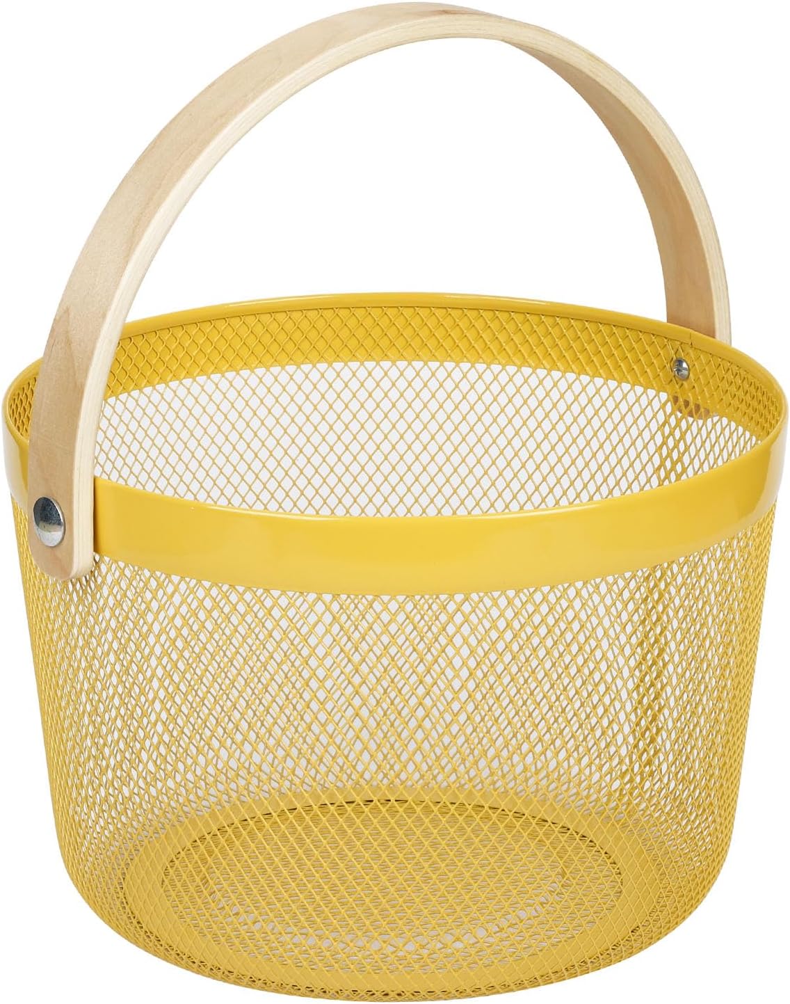 IBWell Bucket-Shape Metal Wire Woven Fruit Storage Bowl Basket with Wooden Handle, Large Black Mesh Fruit Stand, Multi-function Hanging Kitchen Baskets (Blue Grey)