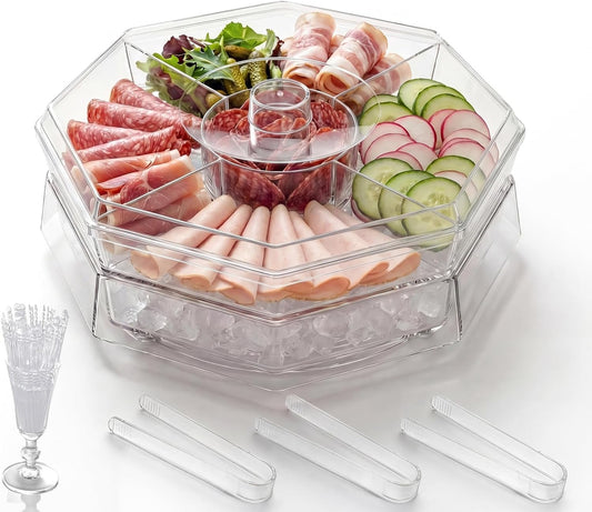Rotating Chilled Serving Tray with Lid, 5-Compartment Fruit Tray with Ice Bottom for Salad, Shrimp, Appetizers and Parties