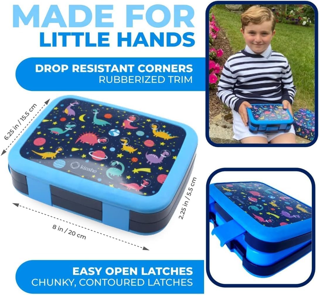 Kids Lunch Box - Bento Box for Boys Toddler Daycare, 4 Portion Sections with Lid, Snack Container Pre-School Kid Lunches Toddlers Removable Tray BPA Free, 3+ Years Old, Blue Rocket Dinosaur