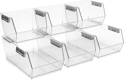 HOMESTEAD Set of 4 Stackable Storage Bins, 2 Large + 2 Small Clear Plastic Organizer Bins, Open Front Design for Kitchen Pantry, Fridge, Cabinet, Bathroom Organization and Snack Storage