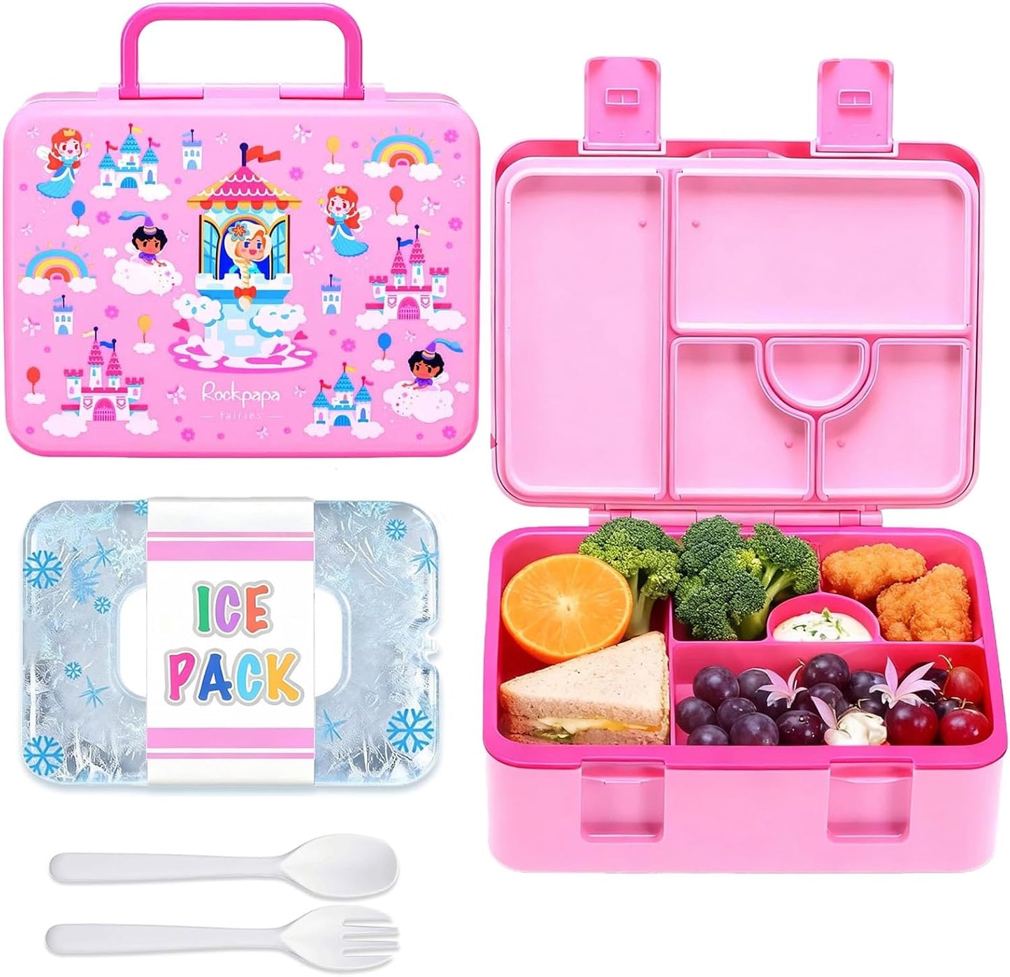 rockpapa Chill Bento Box for Kids- Large 5.5 Cups Lunch Box with Ice Pack - 5 Compartments, BPA-Free, Leak Proof, with Utensils & Portable Handle, Microwave/Dishwasher Safe (Purple Butterfly)