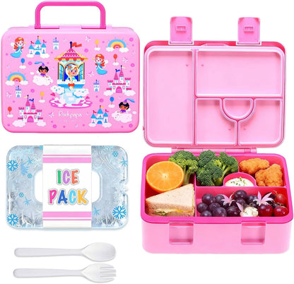 rockpapa Chill Bento Box for Kids- Large 5.5 Cups Lunch Box with Ice Pack - 5 Compartments, BPA-Free, Leak Proof, with Utensils & Portable Handle, Microwave/Dishwasher Safe (Purple Butterfly)