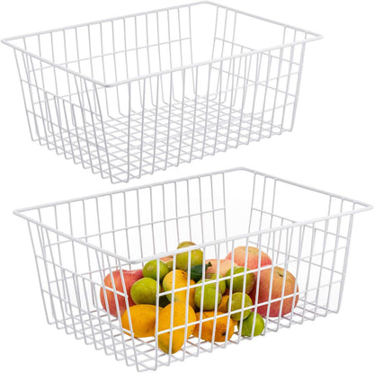iPEGTOP Wire Storage Freezer Baskets, Set of 2 Large 15.4" Household Metal Organizer Storage Bins Basket for Kitchen Cabinets, Refrigerators, White