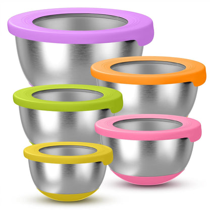 KITEISCAT Stainless Steel Mixing Bowls with Lids – Set of 5 Large Nesting Metal Bowls for Kitchen, Baking, Cooking, Food Prep & Storage, Non-Slip Base, Dishwasher Safe,Khaki