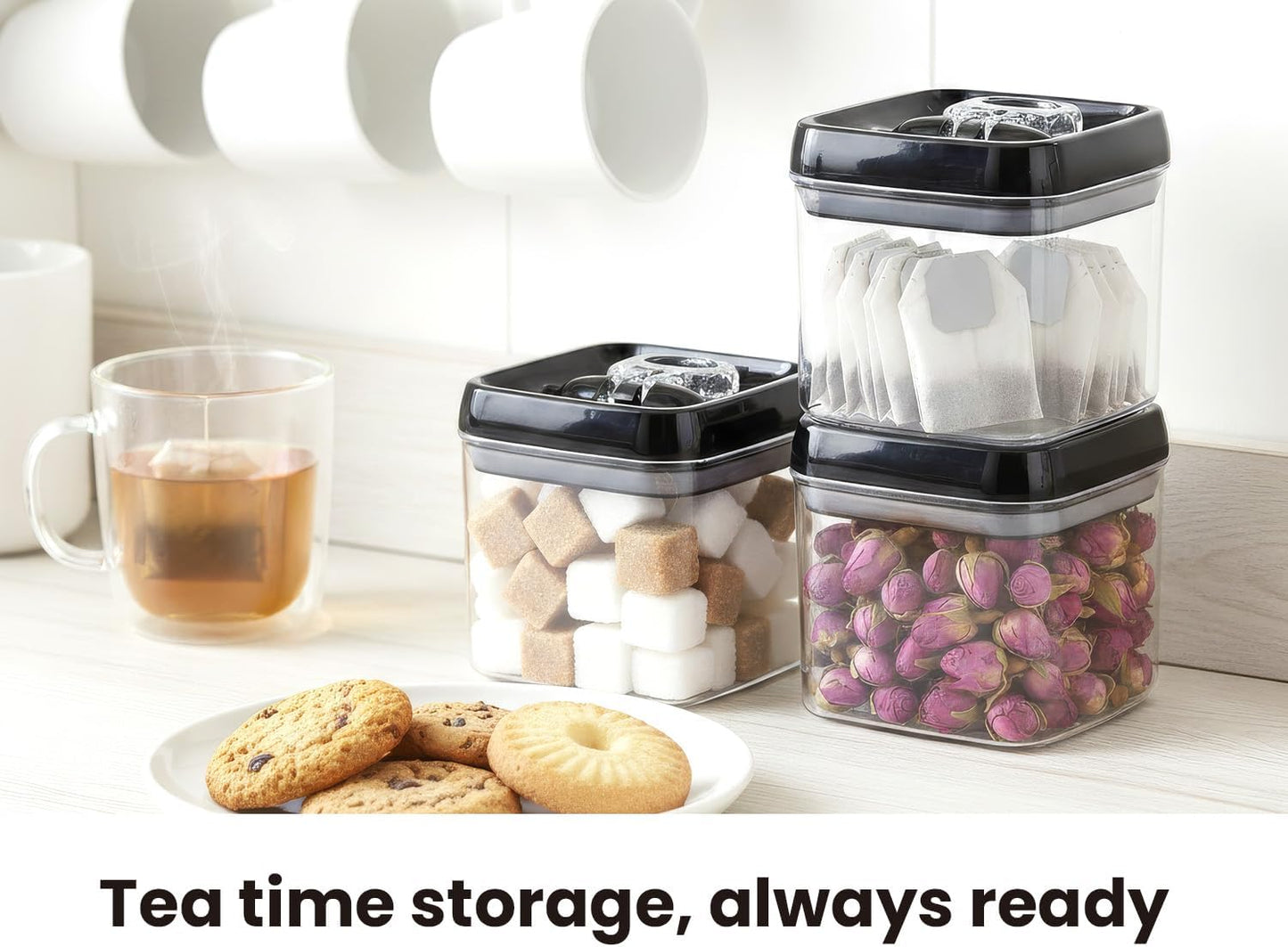 Felli Flip Tite Storage Container with Lid 4” RECTANGULAR Airtight Ring Flip Top, Stackable Kitchen Counter Pantry Organizer Acrylic Canister Jar for Pasta Spaghetti Cereal Granola Coffee (1.9qt)