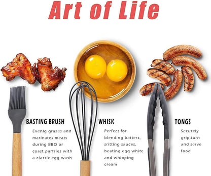 Kitchen Cooking Utensils Set, 13 pcs Non-Stick Silicone Cooking Kitchen Utensils Spatula Set with Holder, Bamboo Handle Silicone Kitchen Gadgets Utensil Set for Nonstick Cookware