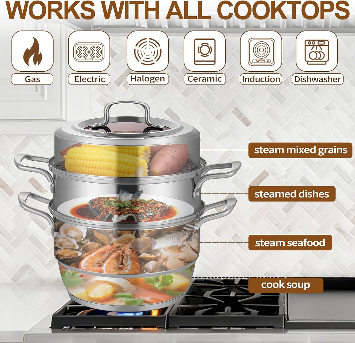 GOLDEN KEY 3.2 QT Steamer Pot With Lid - 2-Tier 18/8 Stainless Steel，Multipurpose Steaming Cookware with Vegetable Steam Basket, Oven & Dishwasher Safe, Triple Bottom for Even Heating, Perfect for Dumplings, Seafood and Vegetables