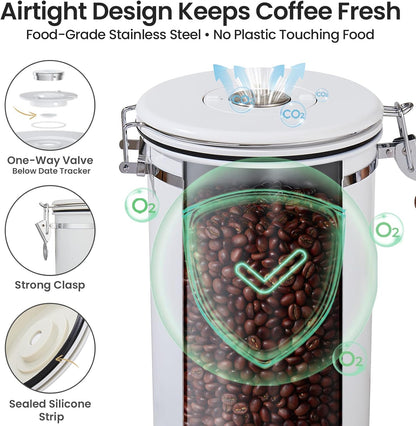 Veken Coffee Canister with Window, Family Choice Awards Winner, Airtight Stainless Steel Home Kitchen Food Storage Container with Lids for Grounds, Beans, Tea, Flour,Cereal,Sugar Jars,Scoop,16OZ,Black