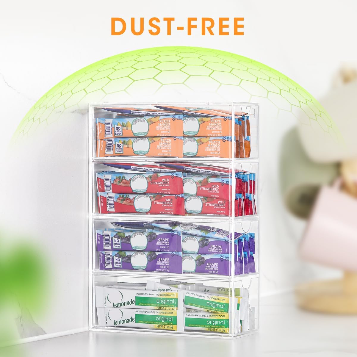 AIEVE Drink Packet Organizer, Water Drink Packet Holder with Removable Divider, Water Flavor Packet Organization Container for Kitchen Organizers and Storage (6 Compartments)