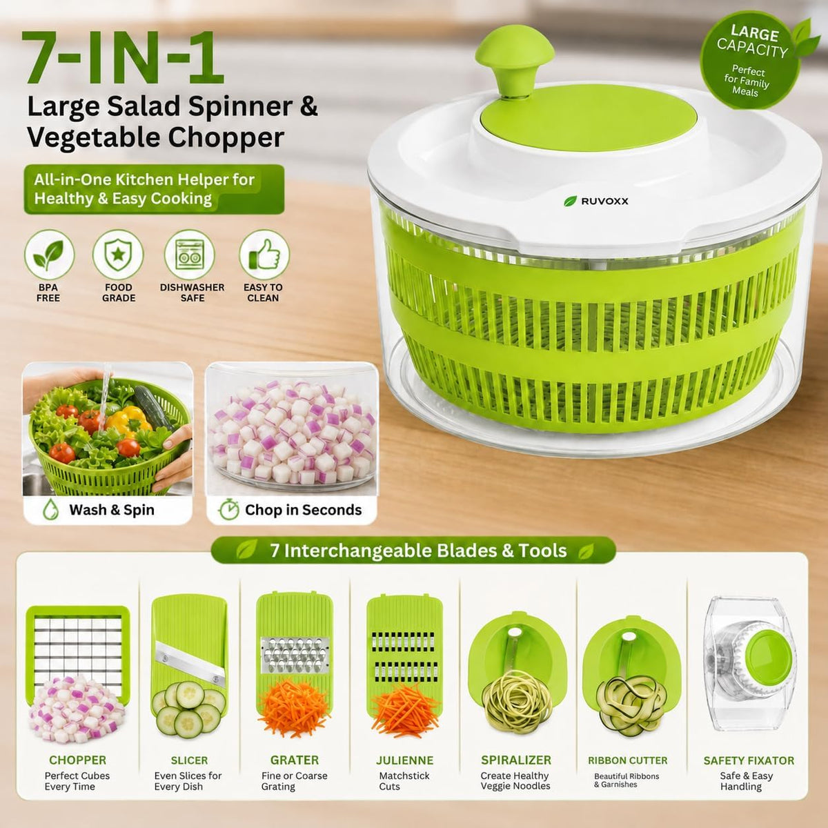 Large Salad Spinner with Slicer - 7-in-1 Lettuce Spinner, Chopper & Grater