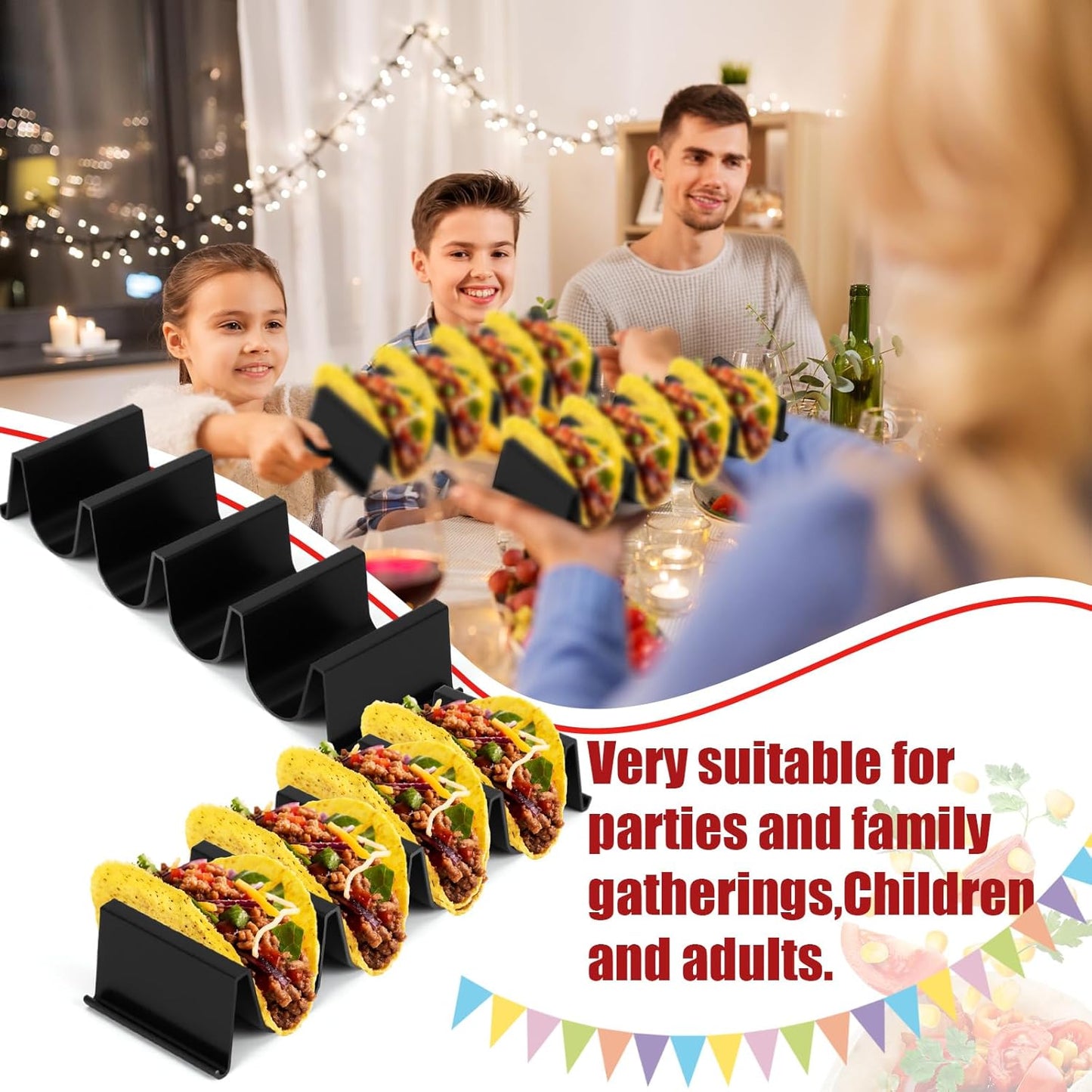 Baderke Taco Holder Stands Set of 8 Black Large Tray Plates Plastics Shell Holder for Taco Tuesday Night Mexican Festival Party Supplies, Dishwasher Microwave Safe