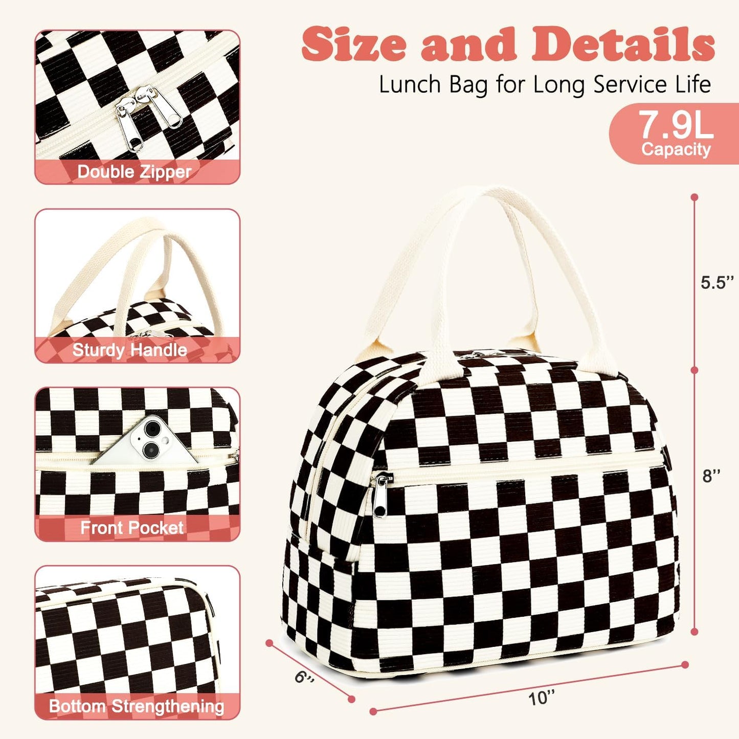 GYEUKHAM Lunch Bag Women, Lunch Box for Adult Men Kids Girls, Small Cute Lunchbox Tote Large Capacity Insulated Lunch Container Cooler for Work School Picnic Travel, Black White Stripes