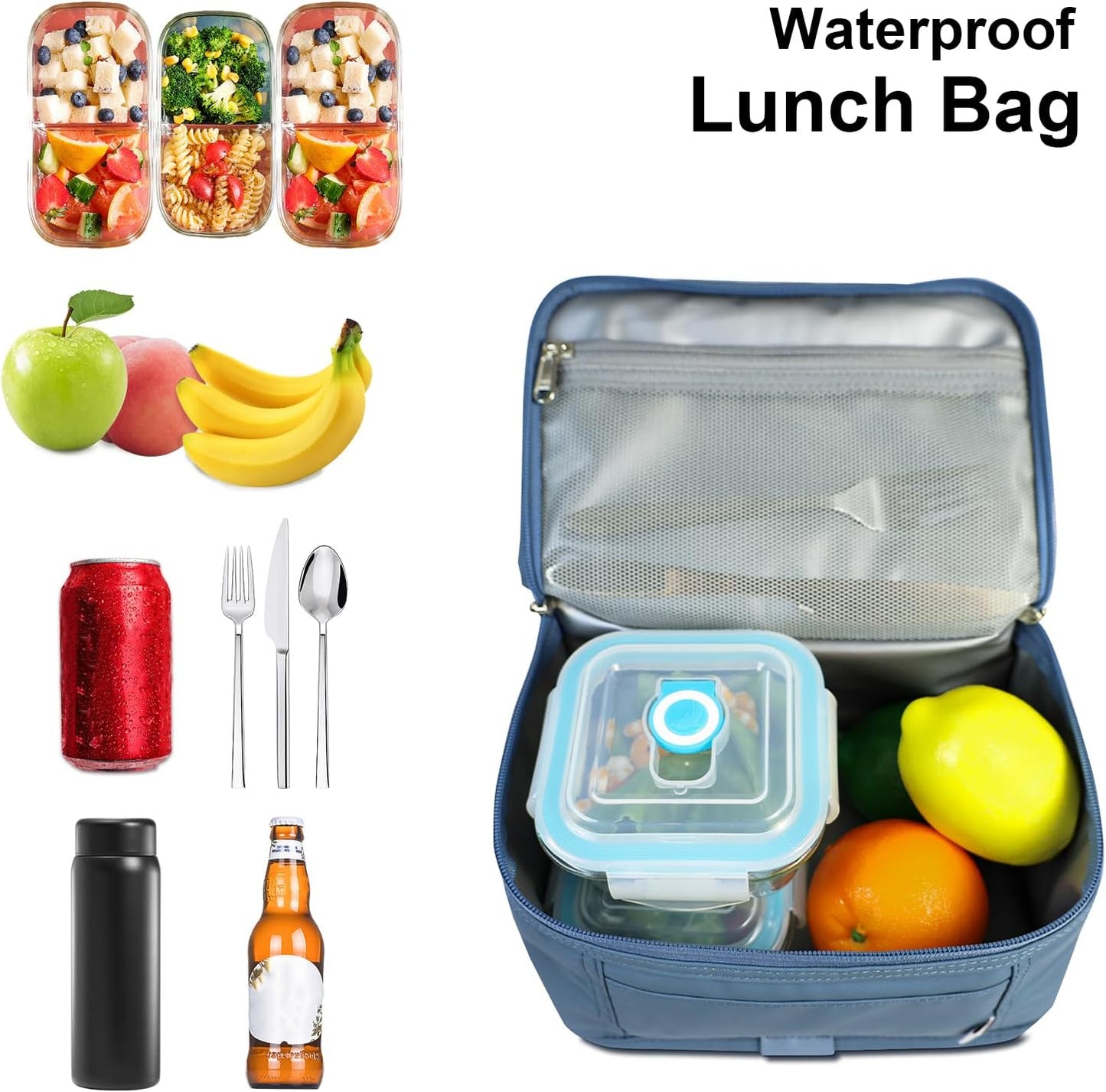 NOL Mini Insulated Lunch Bag for Women Men Kids | Small Leakproof Reusable Lunch Tote | Fits 6 Cans 330ml | Thermal Cooler for Work School Picnic Camping, Navy blue