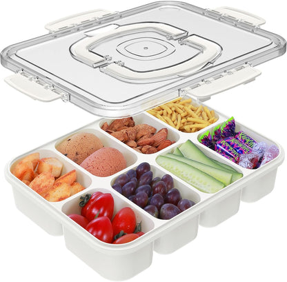 Caperci Snackle Box Container - Large 8 Compartments Divided Serving Tray with Lid & Handle, Portable Snack Box Tray for Travel Picnic, Dishwasher Safe, BPA-Free (Hold 10 Cups/2400ML)