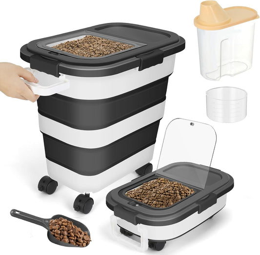 Dog Food Storage Container, 25Lbs Large Collapsible Pet Cat Food Container with Airtight Lids Wheels Handle Scoop Measuring Cup Small Container, Rice Kitchen Dry Food Storage Dispenser Bin (Black)