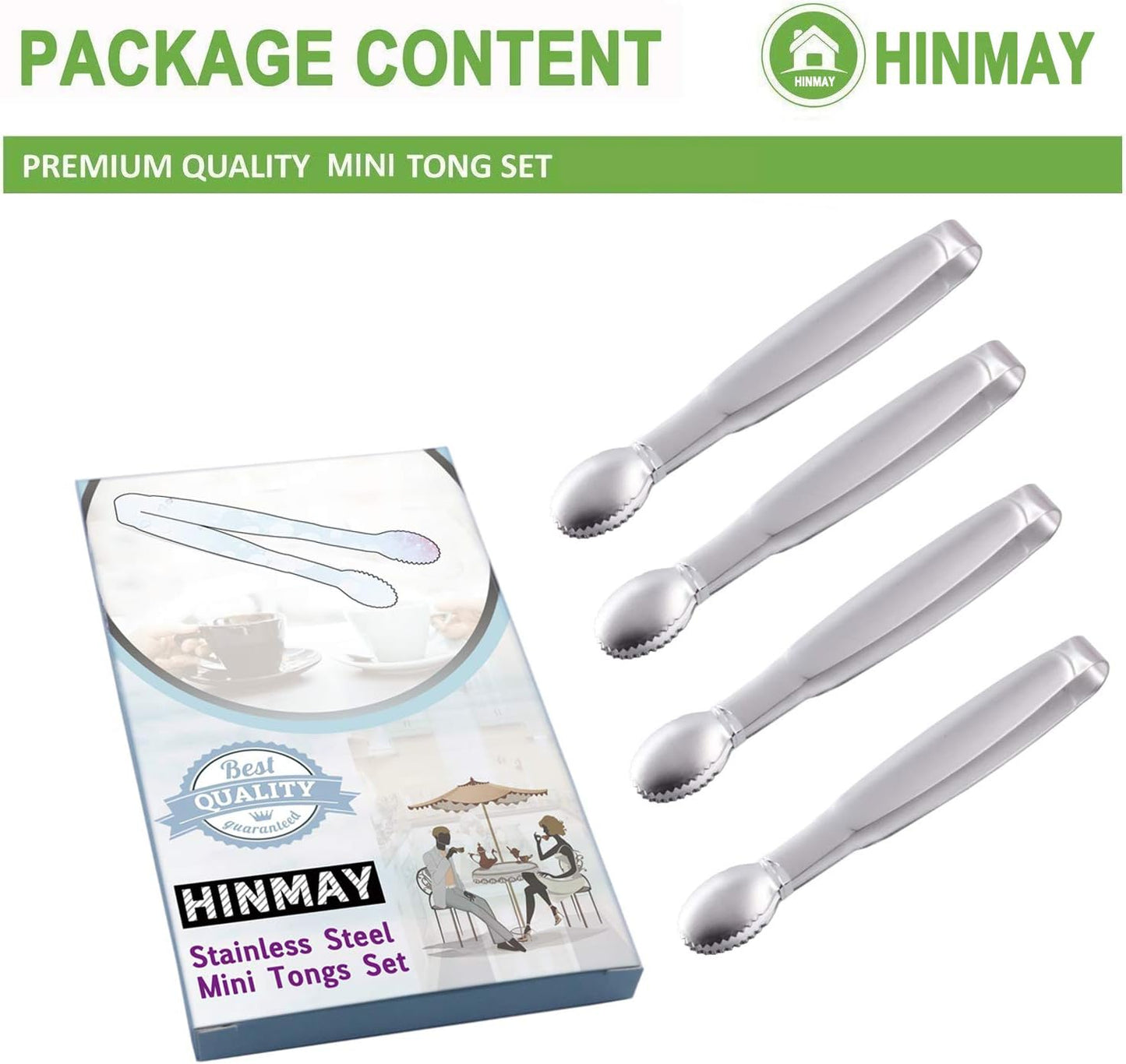 HINMAY Sugar Tongs 4-Inch Mini Serving Tongs Stainless Steel Appetizer Tongs, Set of 4