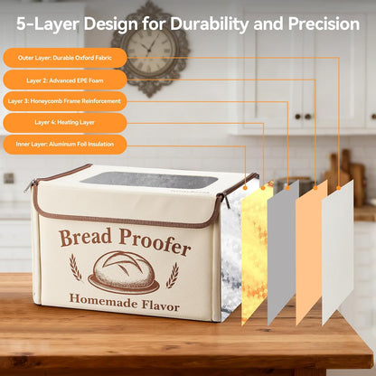 Proofing Box - Foldable Proofing Bread Box with 68-122°F Temp Control & 48H Timer, Bread Proofer for Sourdough, Pizza Dough, Yogurt, Kombucha, 5-Layer Fabric