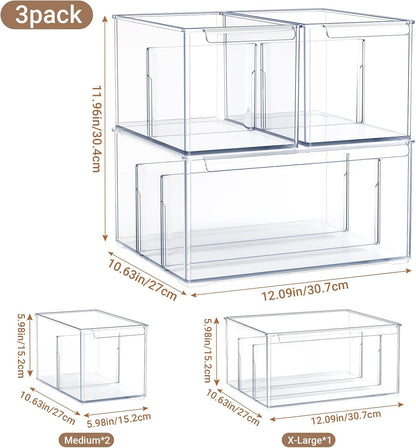 Clear Plastic Storage Bins with Dividers for Fridge Pantry Organizers and Storage Containers, 3 Pack Acrylic Stackable Sturdy Storage Boxes for Home Edit and Cabinet Organizers C6-1