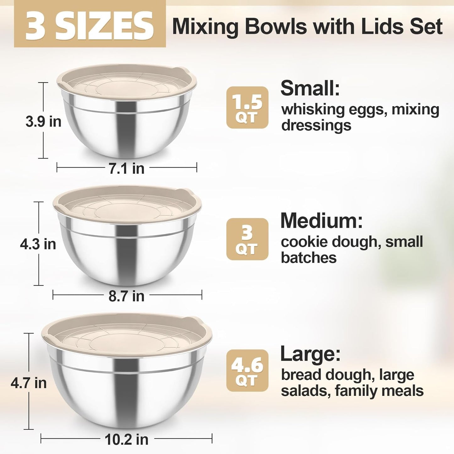 TeamFar Mixing Bowls, Stainless Steel Nesting Salad Bowls with Airtight Lids Set, For Serving/Mixing/Storing, Healthy & Long-lasting, Dishwasher Safe & Easy Clean, 4.6/3 / 1.5 QT, Colorful