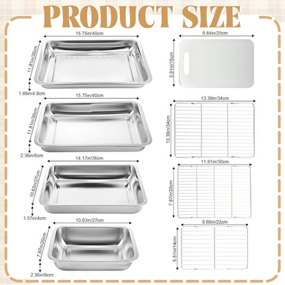 8 Pcs Grill Prep Carry System Grilling Prep Serve Tray Set Large Food Tub Tray Stainless Steel Trays Marinating Container with Lid, Cutting Board, Carrying BBQ Accessories Gifts for Outdoor