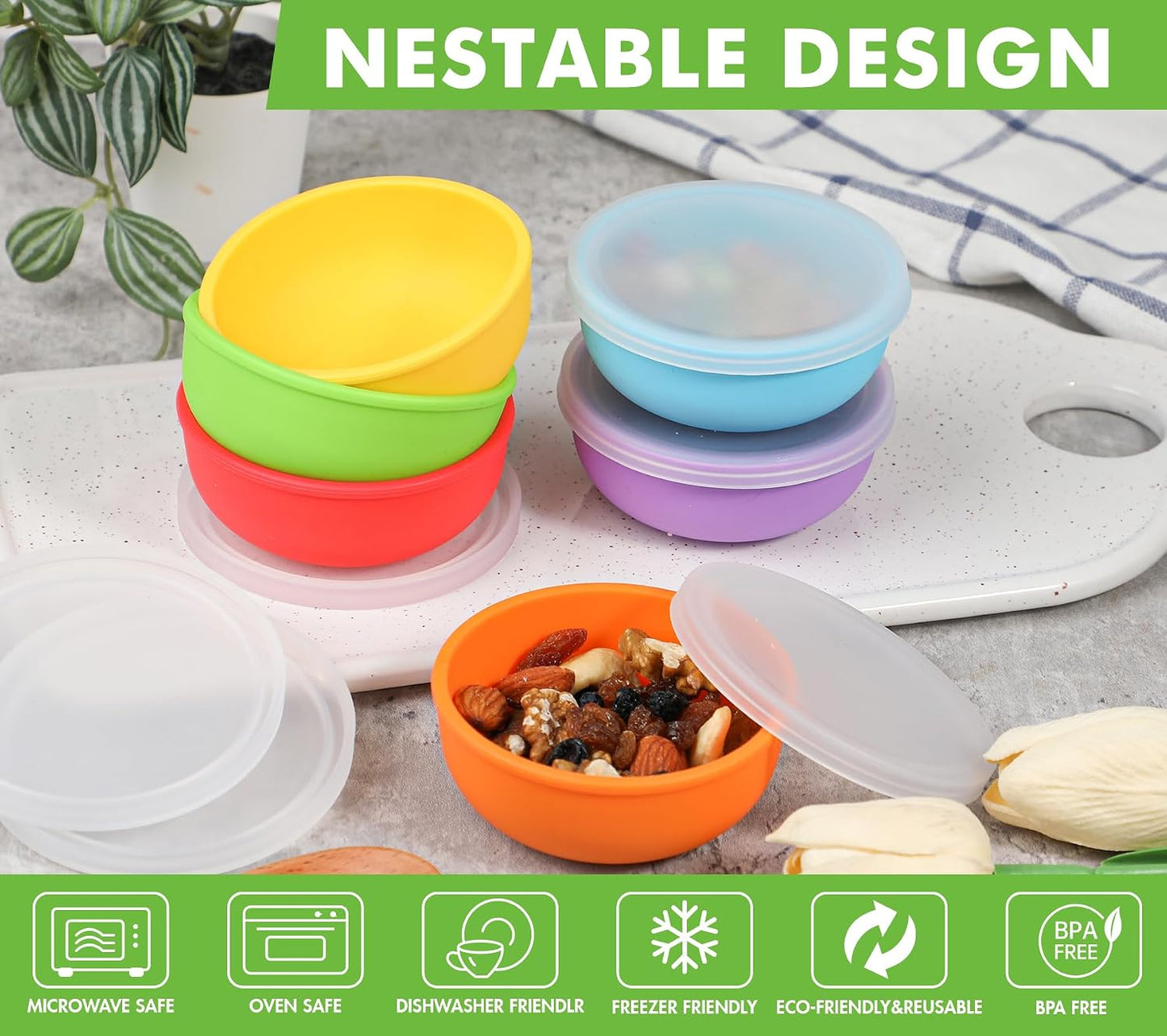 KOLUTI Nonstick Silicone Pinch Bowls Set of 6, 4oz Small Condiment Dipping Sauce Prep Bowl with Lid, Colorful Snack Serving Food Storage Mixing Containers for Side Dish, Microwave & Freezer Safe