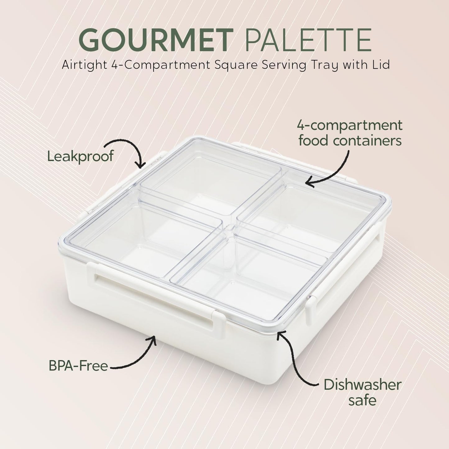 Lustroware Gourmet Palette Airtight 5-Compartment Round Serving Tray with Lid – Portable Snackle Platter & Charcuterie Organizer Box with Removable Dividers for Fruit, Vegetables, Snacks, Appetizers